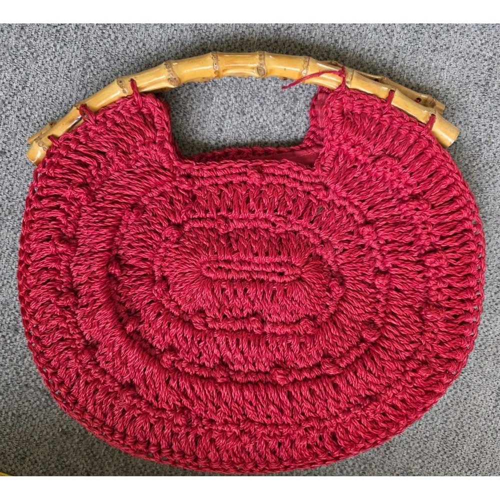 Charisma Crochet straw handbag bamboo handle red vintage made in‎ Korea Boho